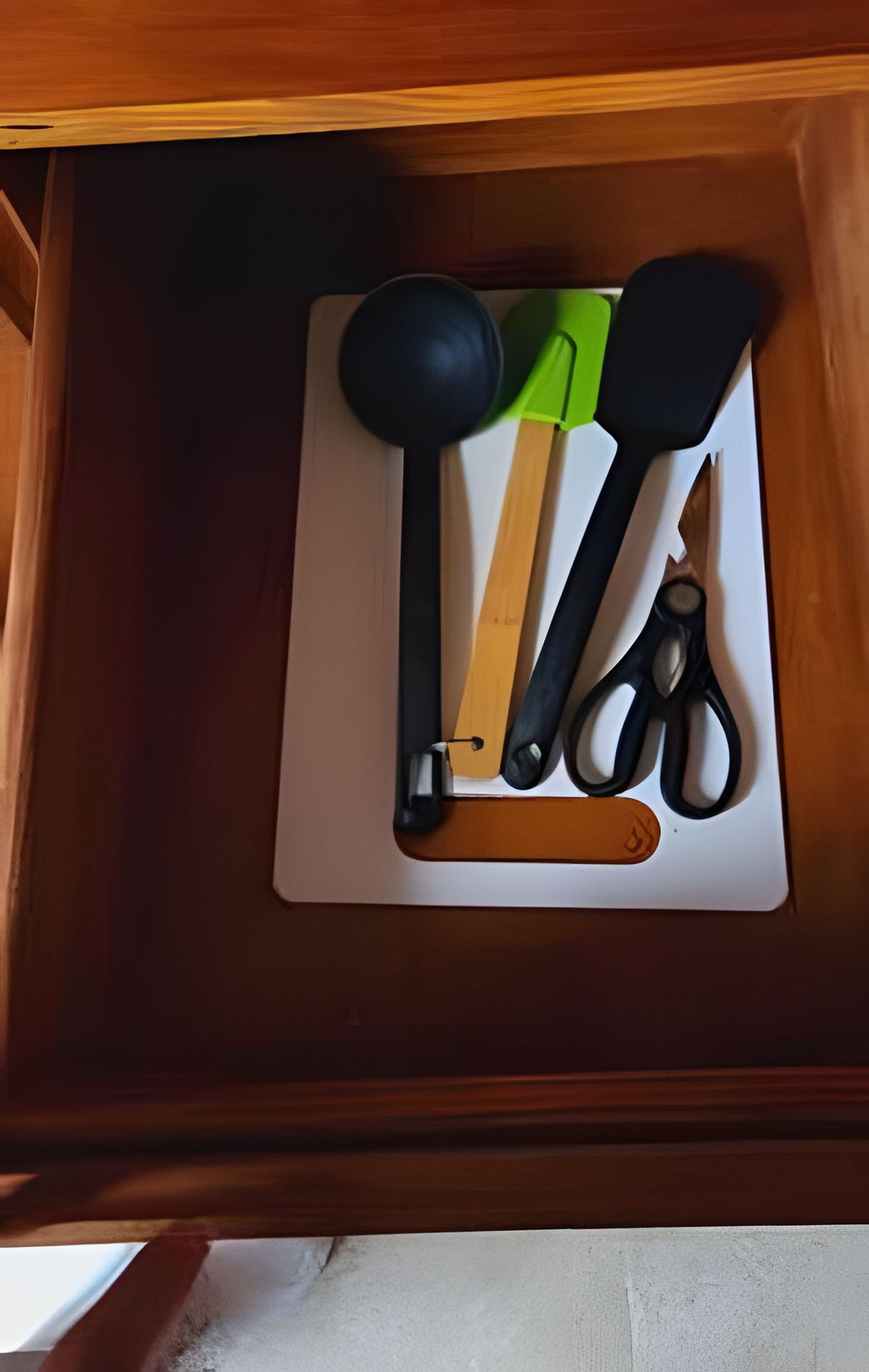 A drawer with a cutting board, a black ladle, a green spatula, a black spatula, and a pair of scissors.
