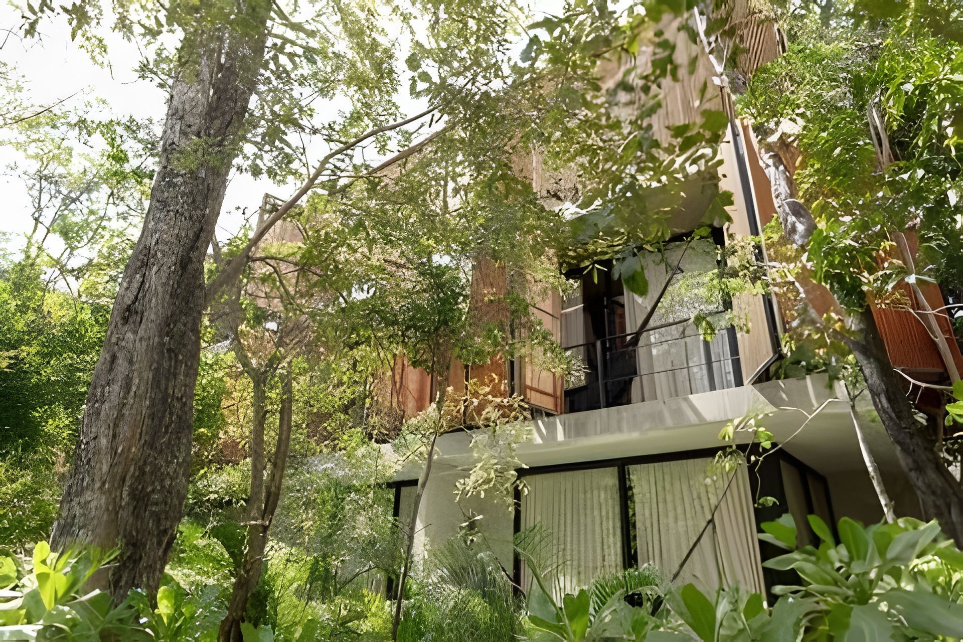Un bâtiment moderne à la façade en béton, entouré d’une végétation luxuriante et d’arbres.