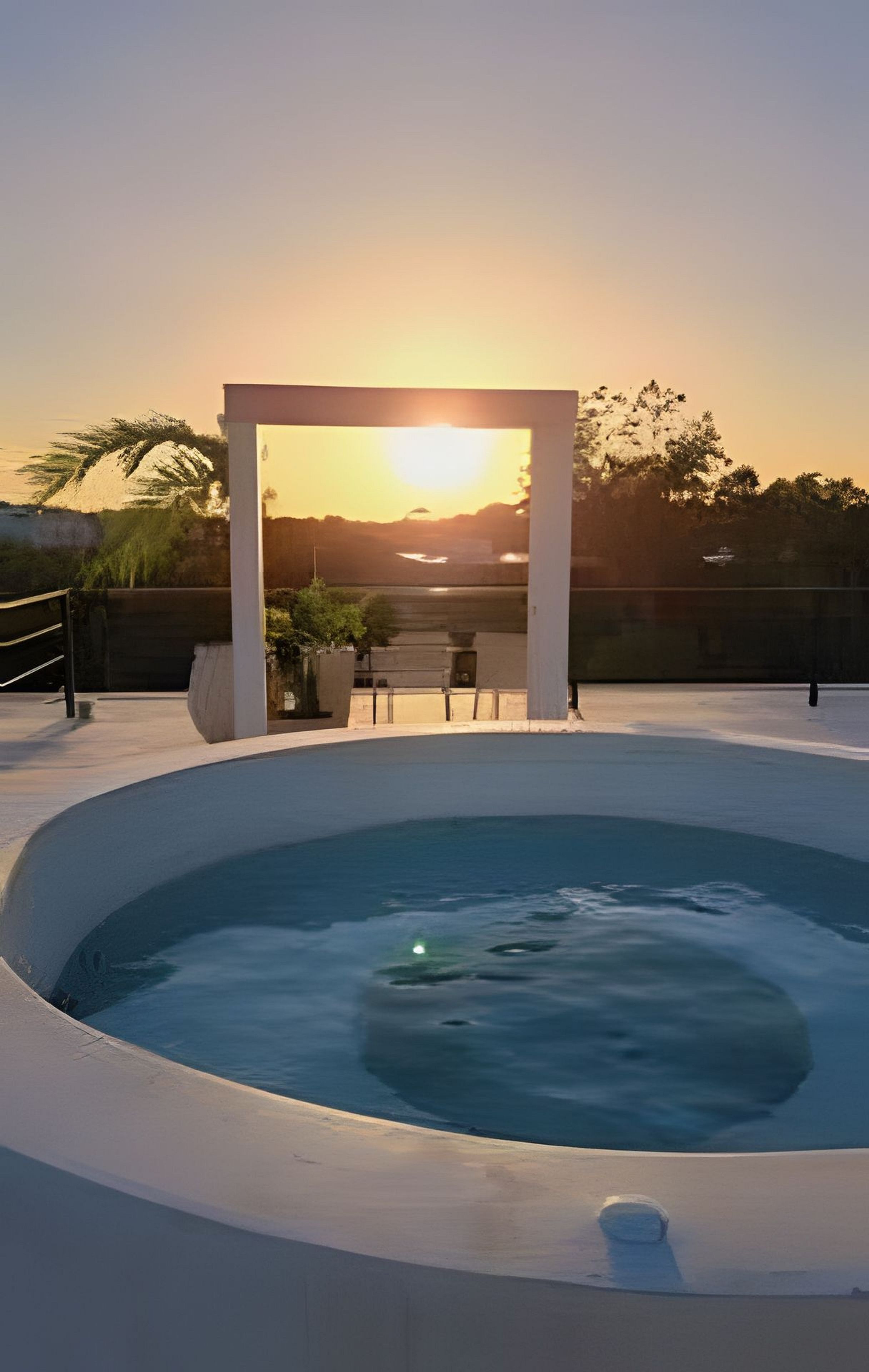 Una piscina con un cielo luminoso sullo sfondo.