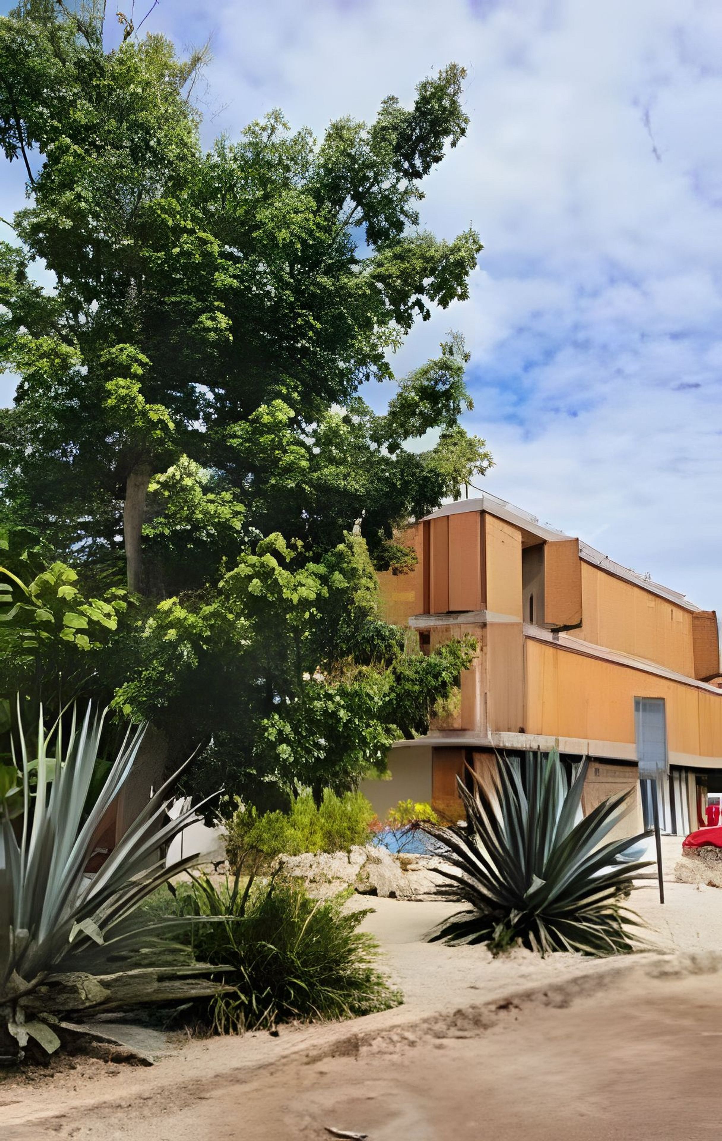 A building with a flat roof and a large tree in front.