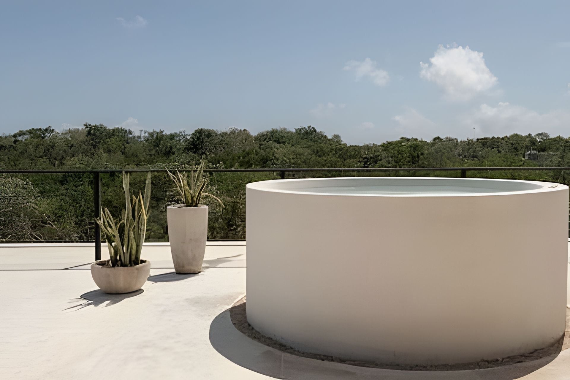 Una terraza en la azotea con una piscina circular grande, plantas en macetas y vistas a un área boscosa.