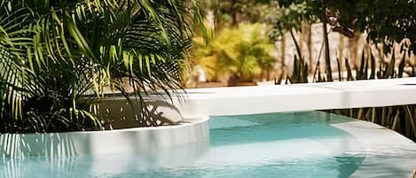 Piscina com borda curva, cercada por vegetação exuberante.