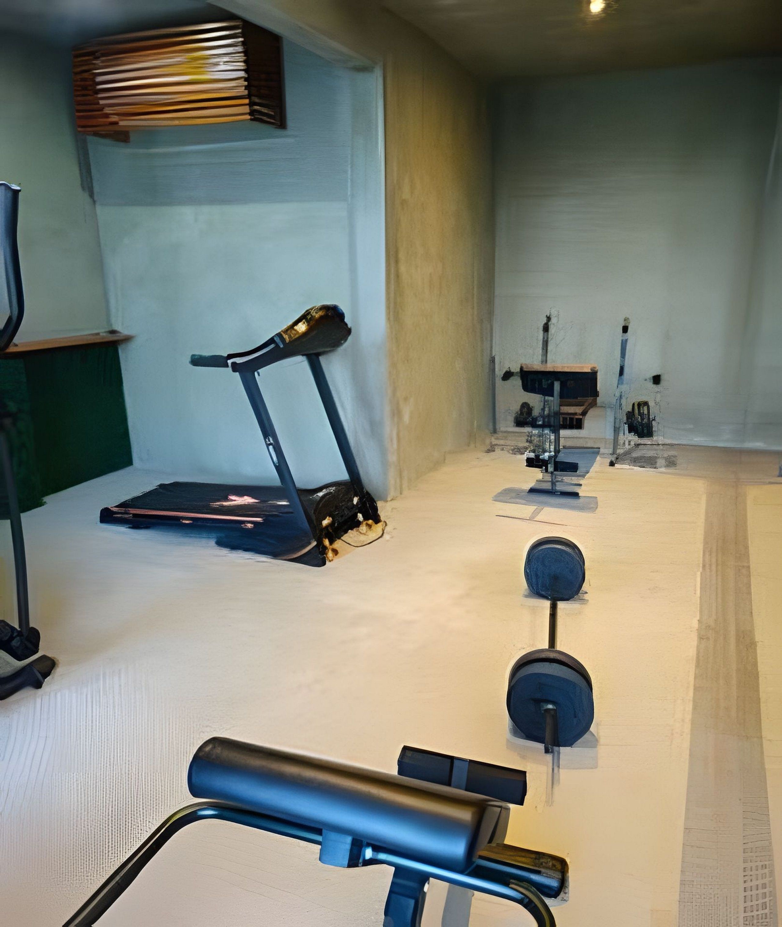 A gym with exercise equipment including a treadmill, weight bench, and free weights.