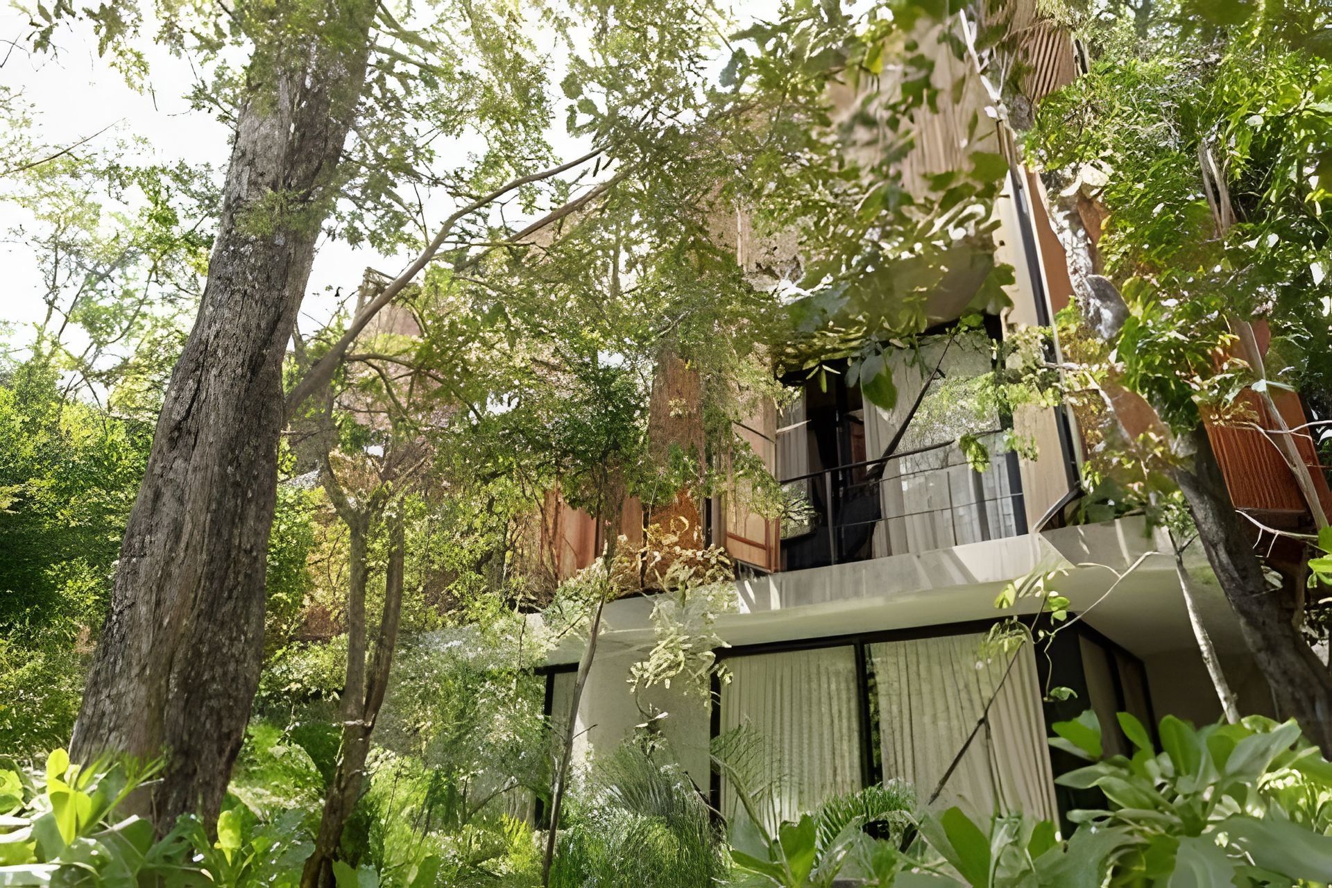 A modern building with a glass facade, surrounded by lush greenery and trees.