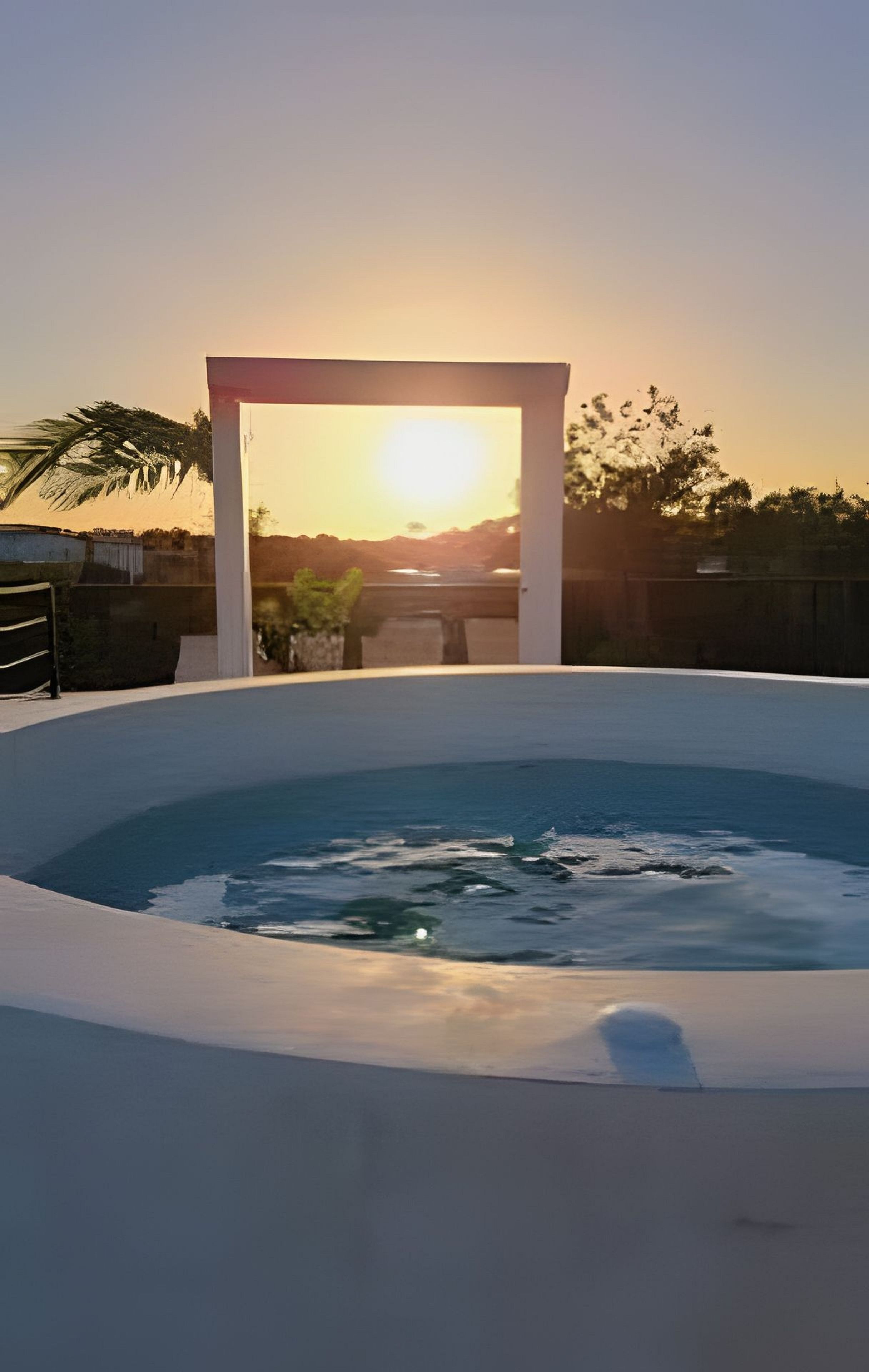 Una piscina con vista al atardecer a través de un arco.
