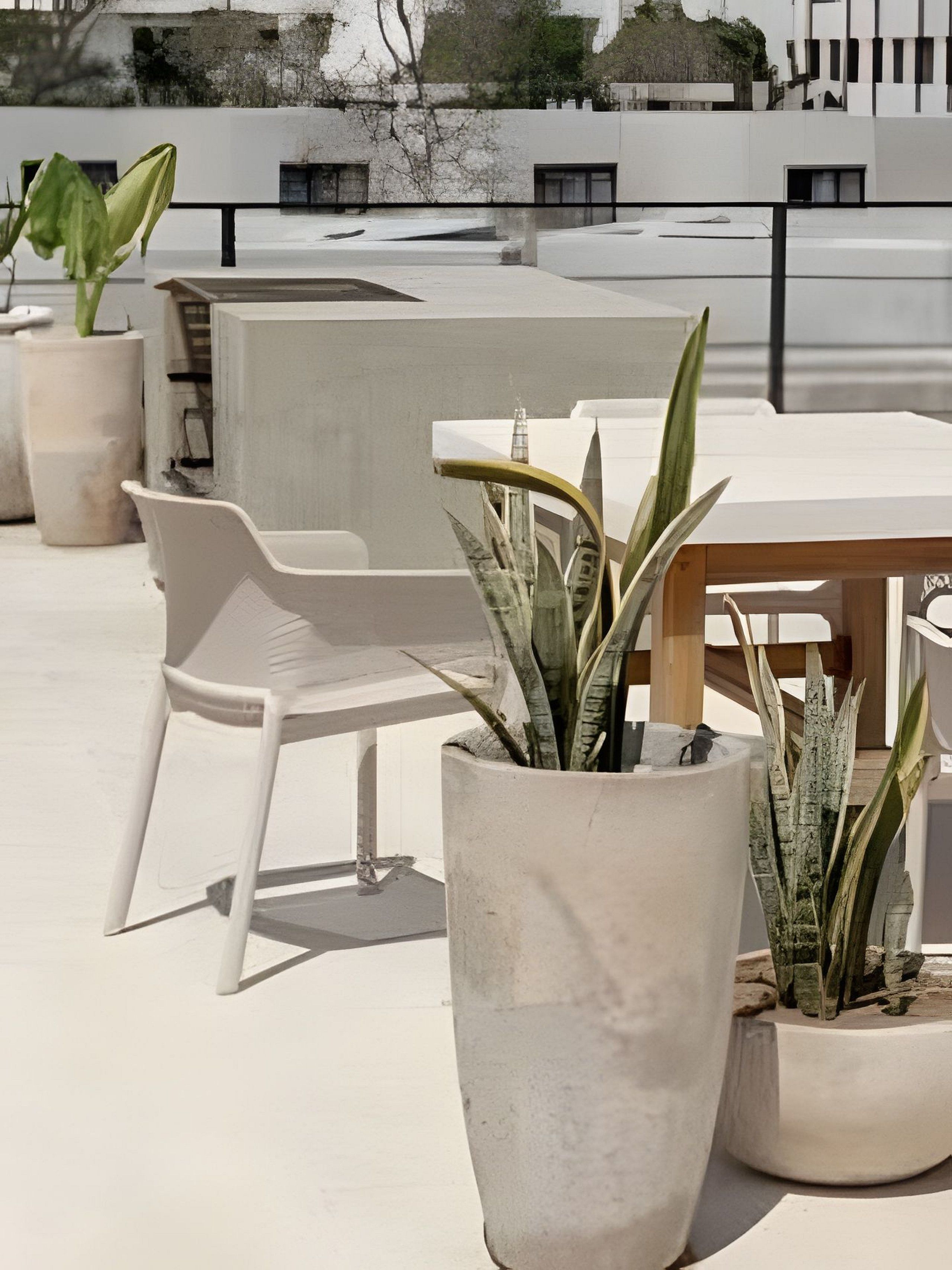 Una terraza en la azotea con una silla de plástico blanco, una mesa de madera y macetas grandes con plantas.