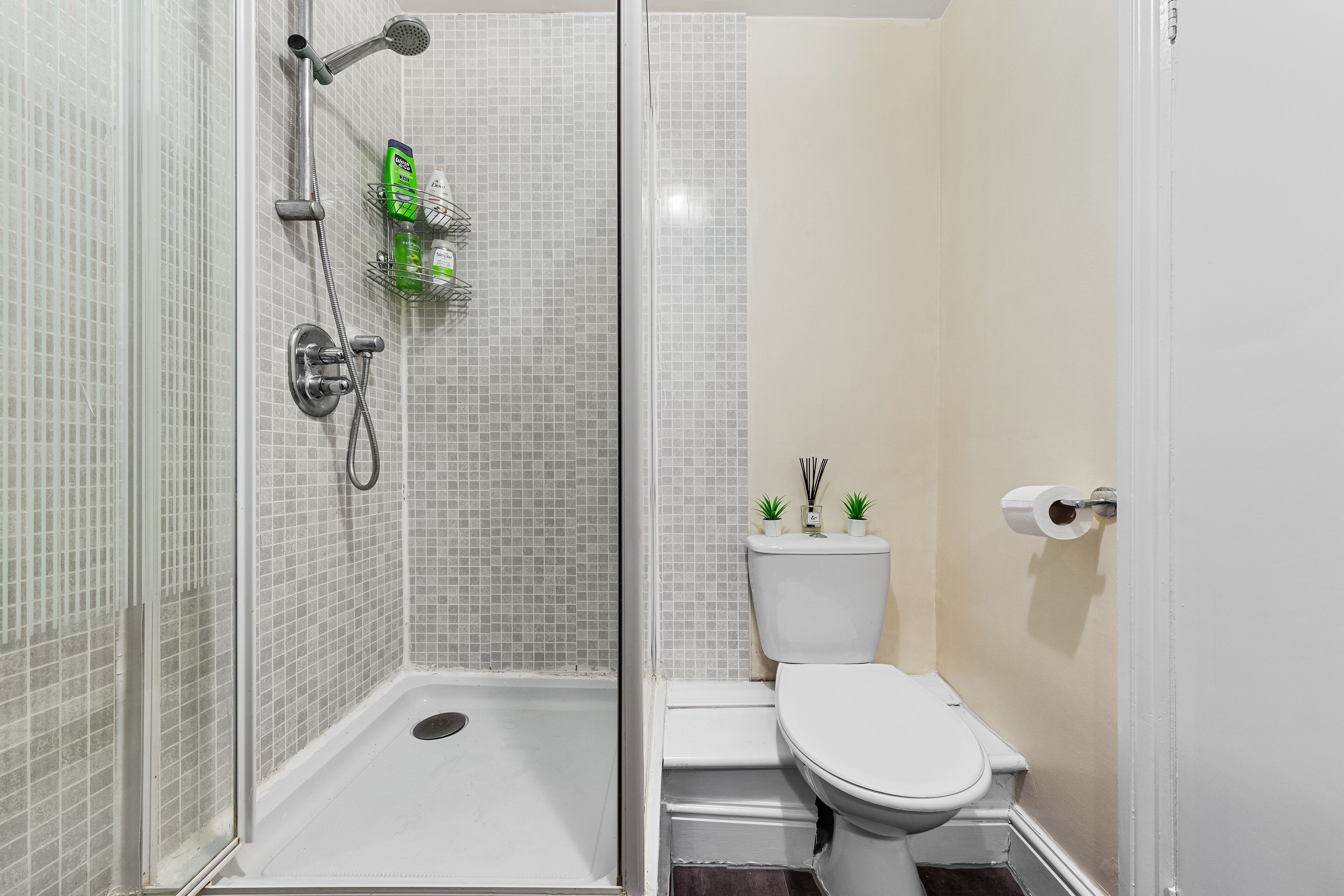 A bathroom with a glass-enclosed shower, a toilet, and a small shelf with toiletries.