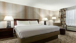 Habitación de hotel con una cama grande, dos mesitas de noche, una silla, una ventana con cortinas y un equipo de aire acondicionado.