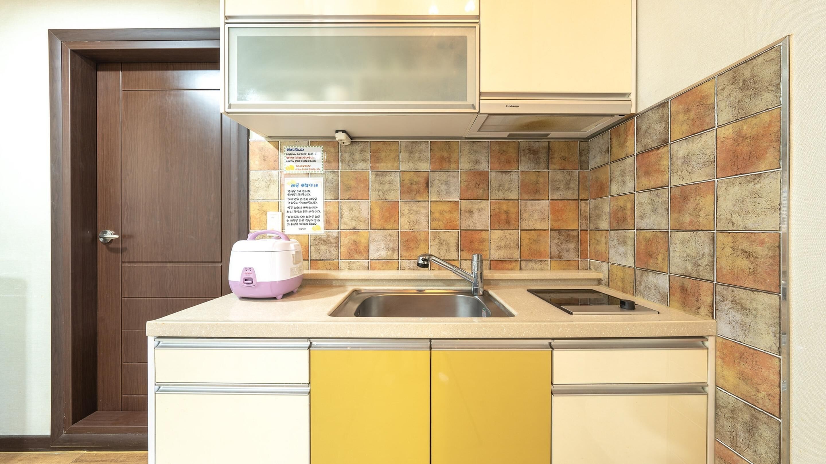 A compact kitchen with a microwave, double sink, and a rice cooker.