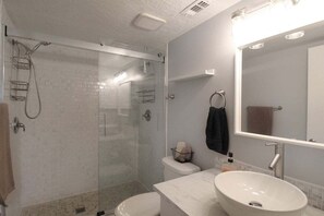 Shower, hair dryer, towels