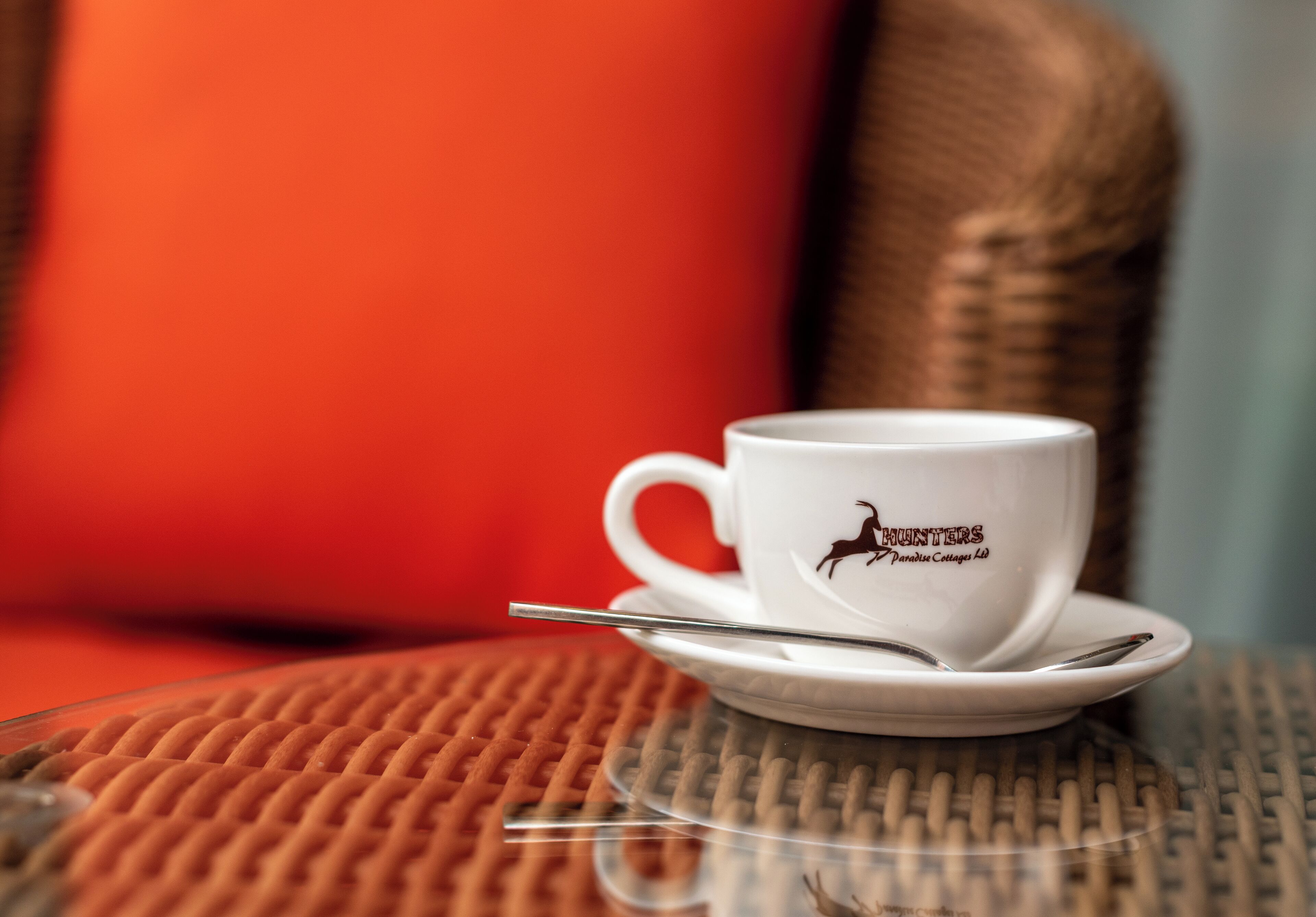 A white cup with a horse logo and text on a saucer, placed on a wicker chair with a red cushion.