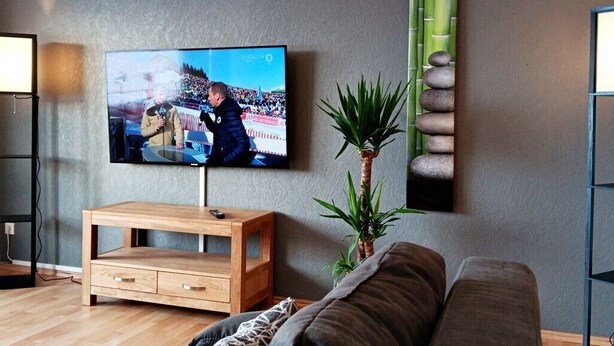 En stue med et fladskærms-tv ophængt på væggen, et træ tv-bord, en grå sofa, en potteplante og en dekorativ vægdekoration i bambus.