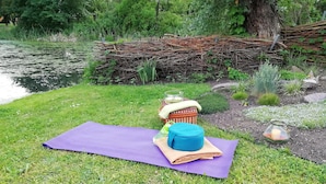 A grassy area with a purple mat, a basket, and a blue container. - Apartment 'Am Froschteich' with Private Terrace, Shared Garden and Wi-Fi (Feldberger Seenlandschaft)