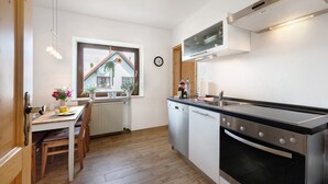 Une cuisine compacte équipée d’un four encastré, d’un lave-vaisselle et d’une fenêtre donnant sur une maison.