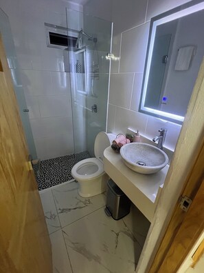 Sèche-cheveux, serviettes fournies, savon, shampoing