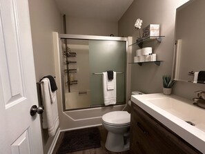 Hair dryer, towels, toilet paper