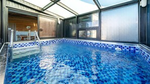 Una piscina interior con mosaicos azules, una puerta de madera y un recinto de vidrio.