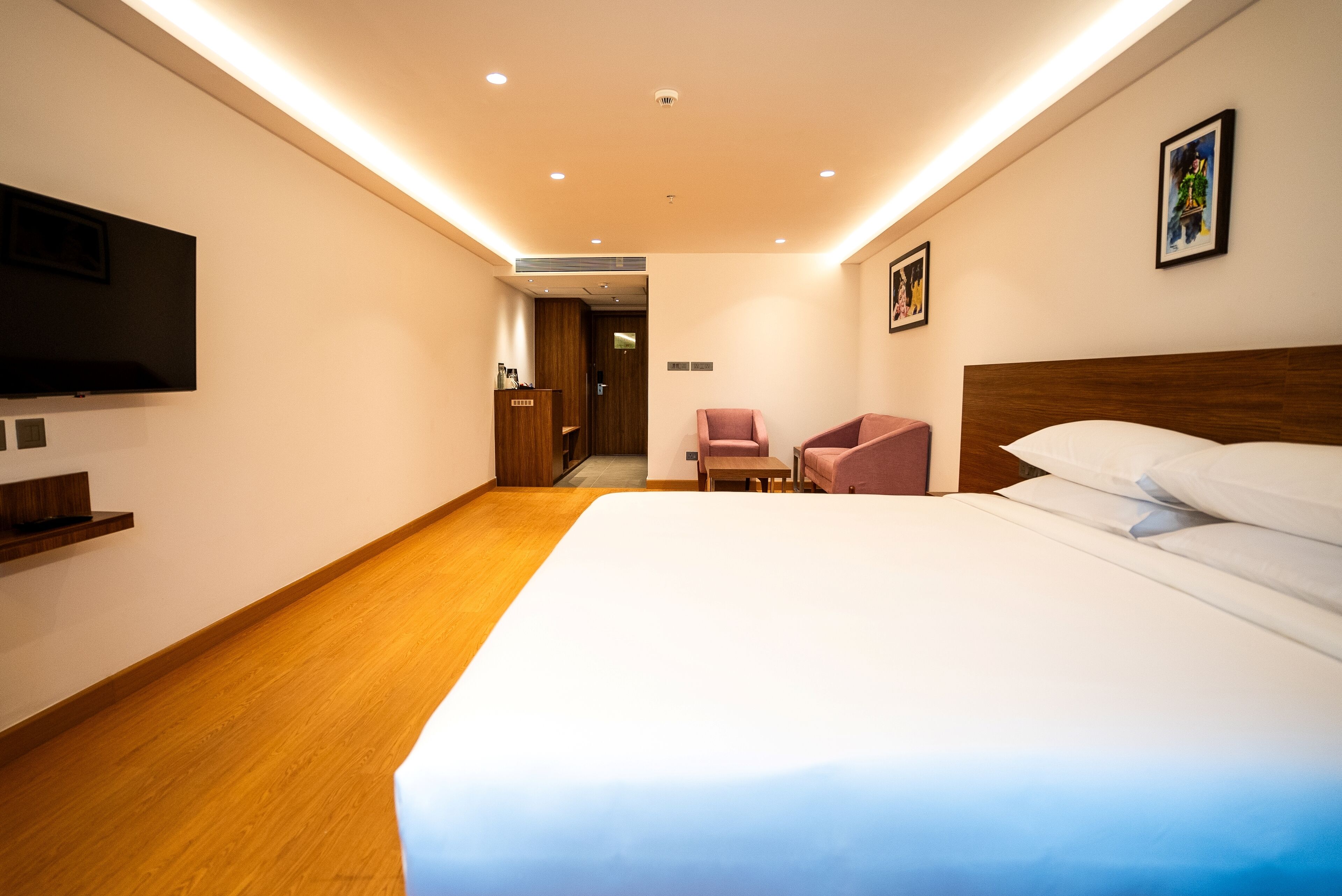 A hotel room with a large bed, a television, a wooden floor, a desk, and a chair.