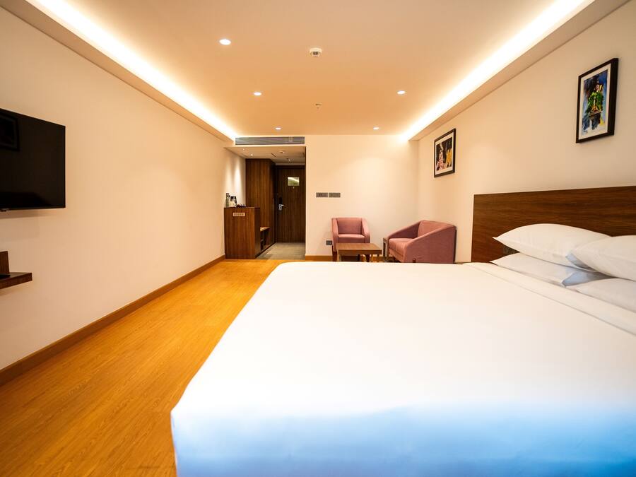 Une chambre d’hôtel avec un grand lit, une télévision, un plancher en bois, un bureau et une chaise.