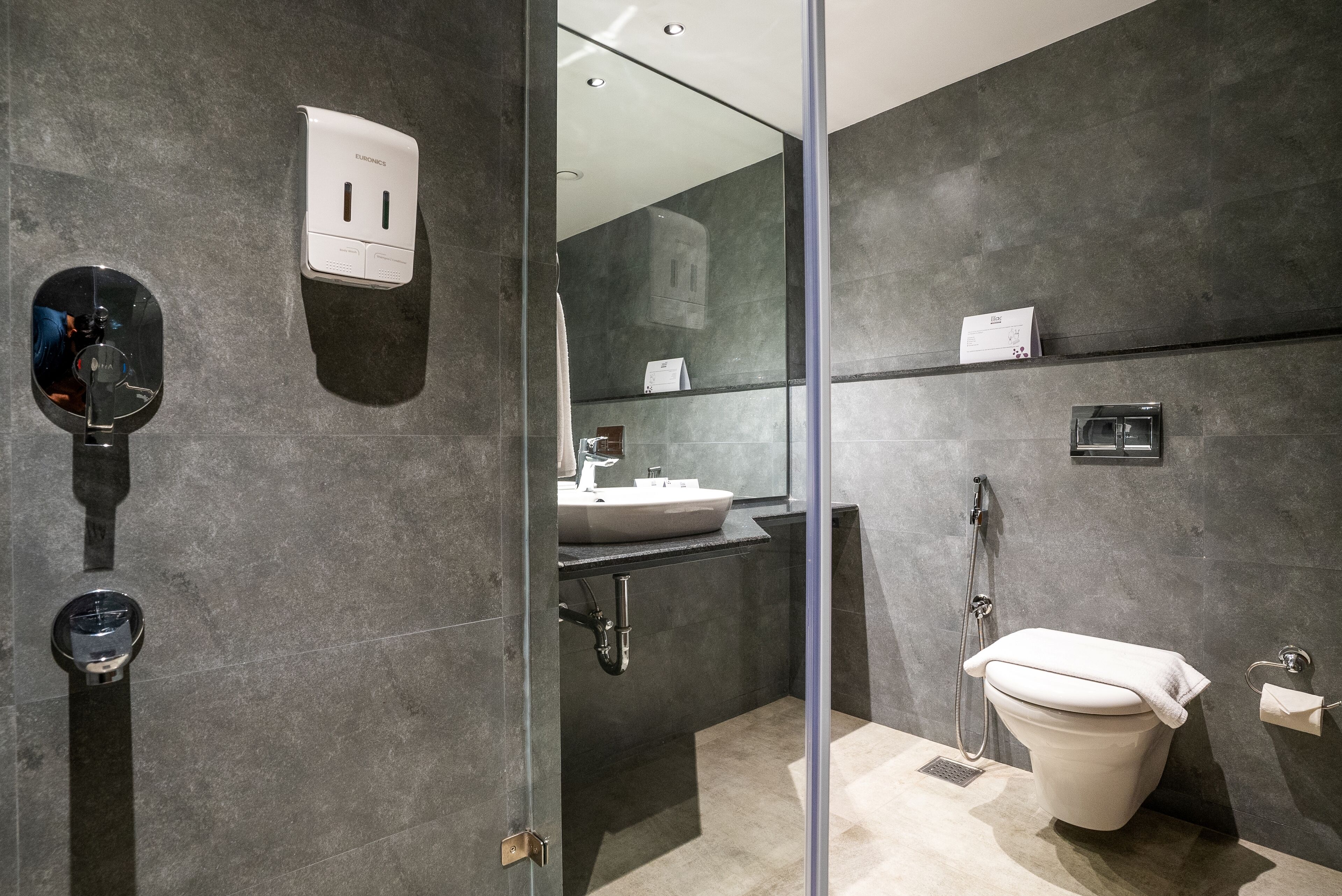 A modern bathroom with a glass shower enclosure, a white toilet, and a sink with a mirror above it.