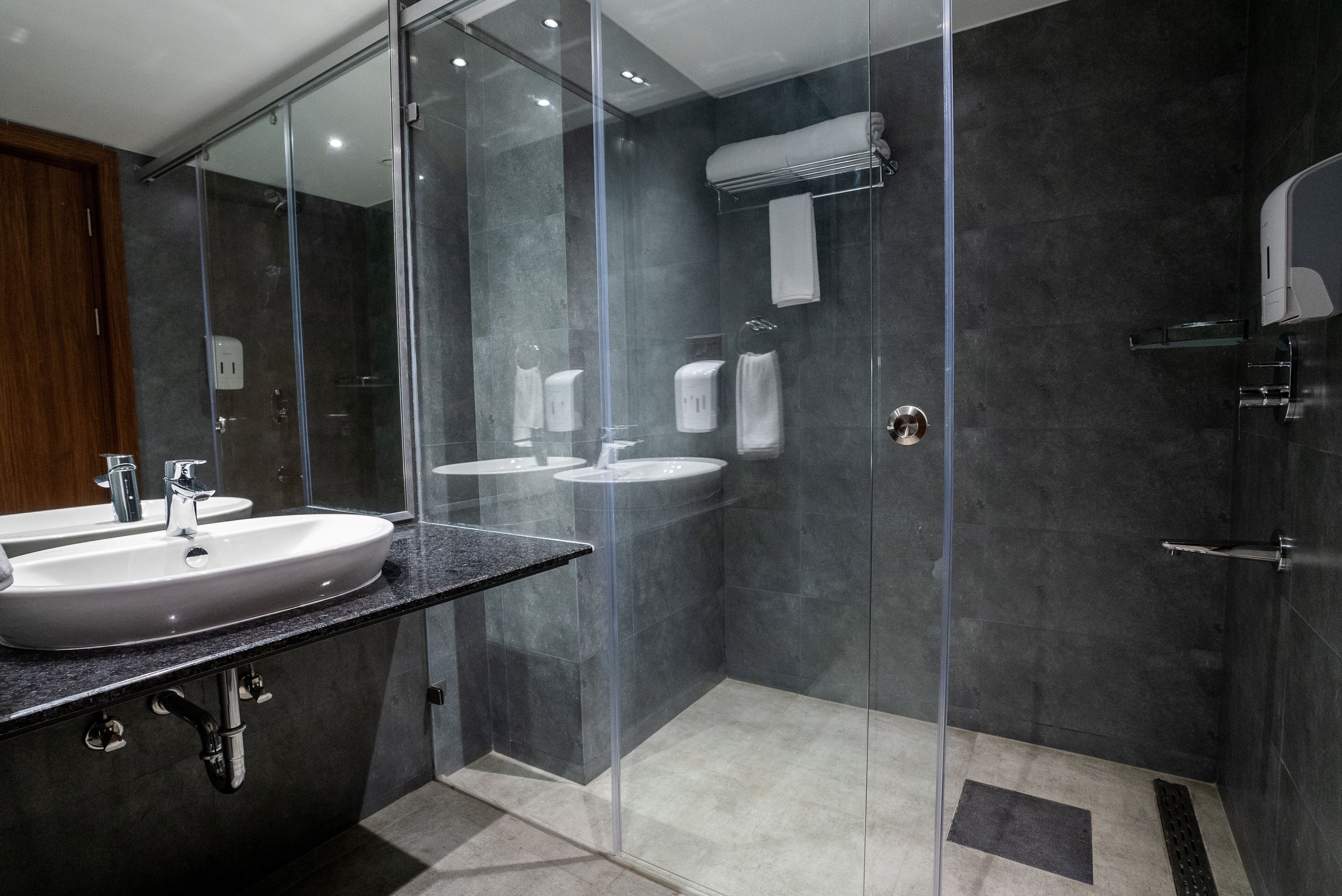 Une salle de bain moderne dotée d’une douche à parois de verre, de deux lavabos et d’un porte-serviettes.