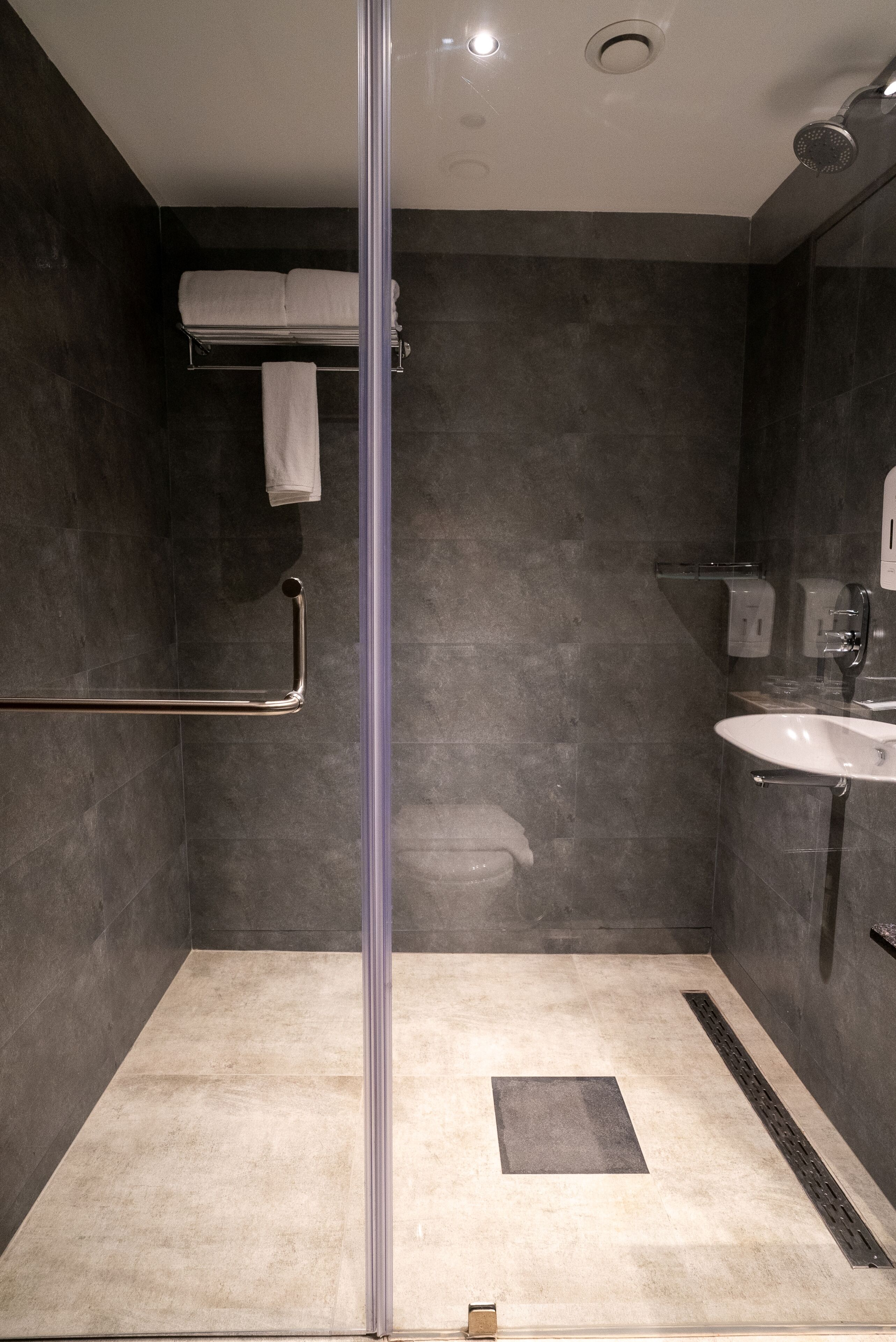 A modern bathroom with a glass shower enclosure, a sink, and a towel rack.
