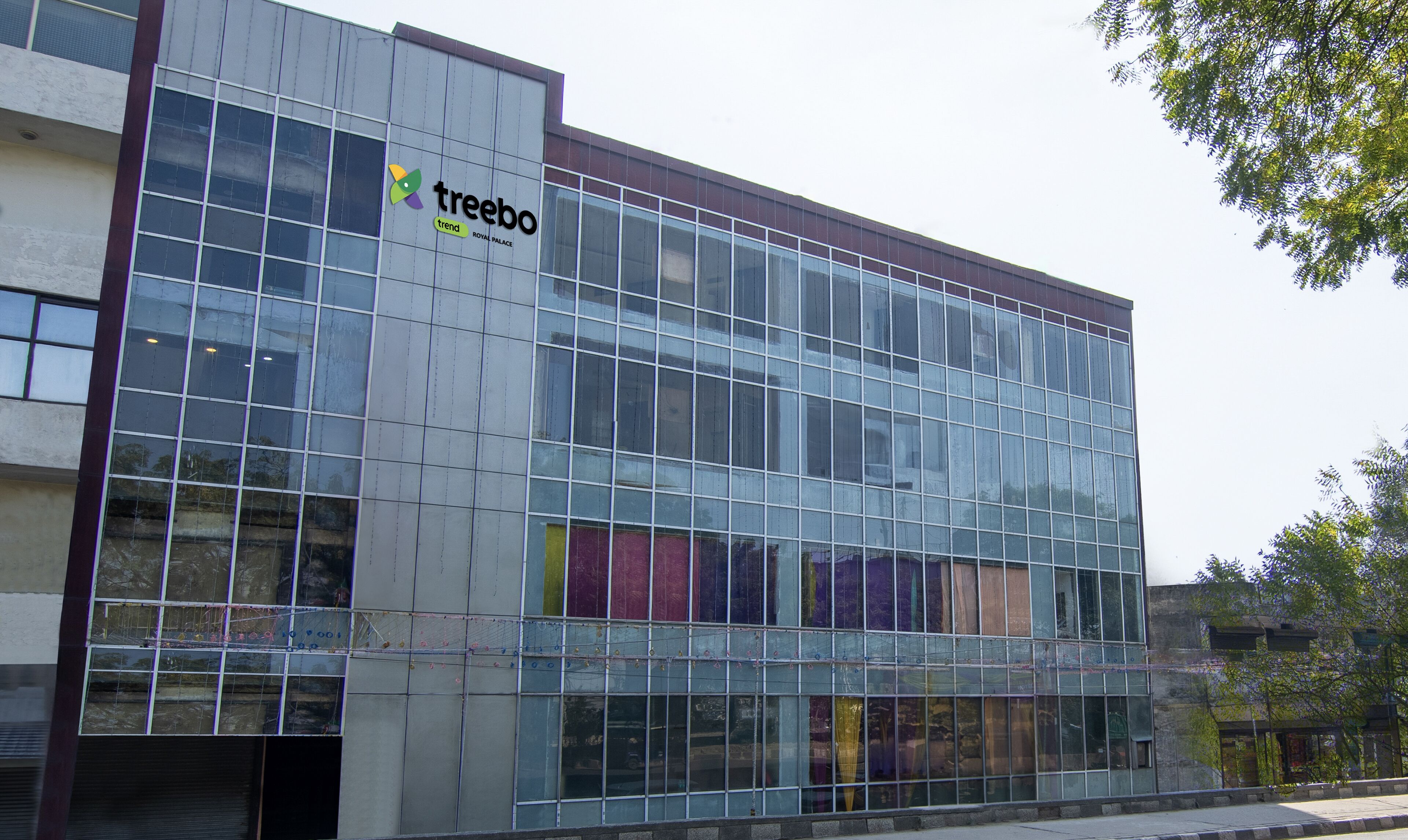 A modern building with large glass windows and a sign reading "treebo".