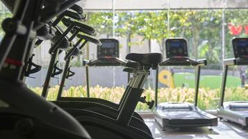 A row of stationary bikes in a gym with a view of greenery outside.
