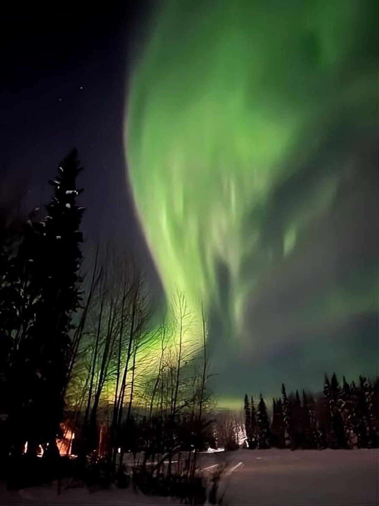 Paisaje nevado con vista a las auroras boreales.
