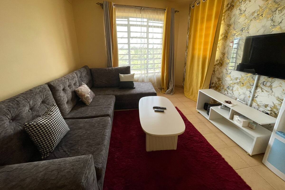 A living room with a grey sofa, a red rug, a white coffee table, a TV, and a window with curtains.