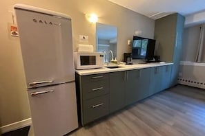 Fridge, microwave, coffee/tea maker, electric kettle