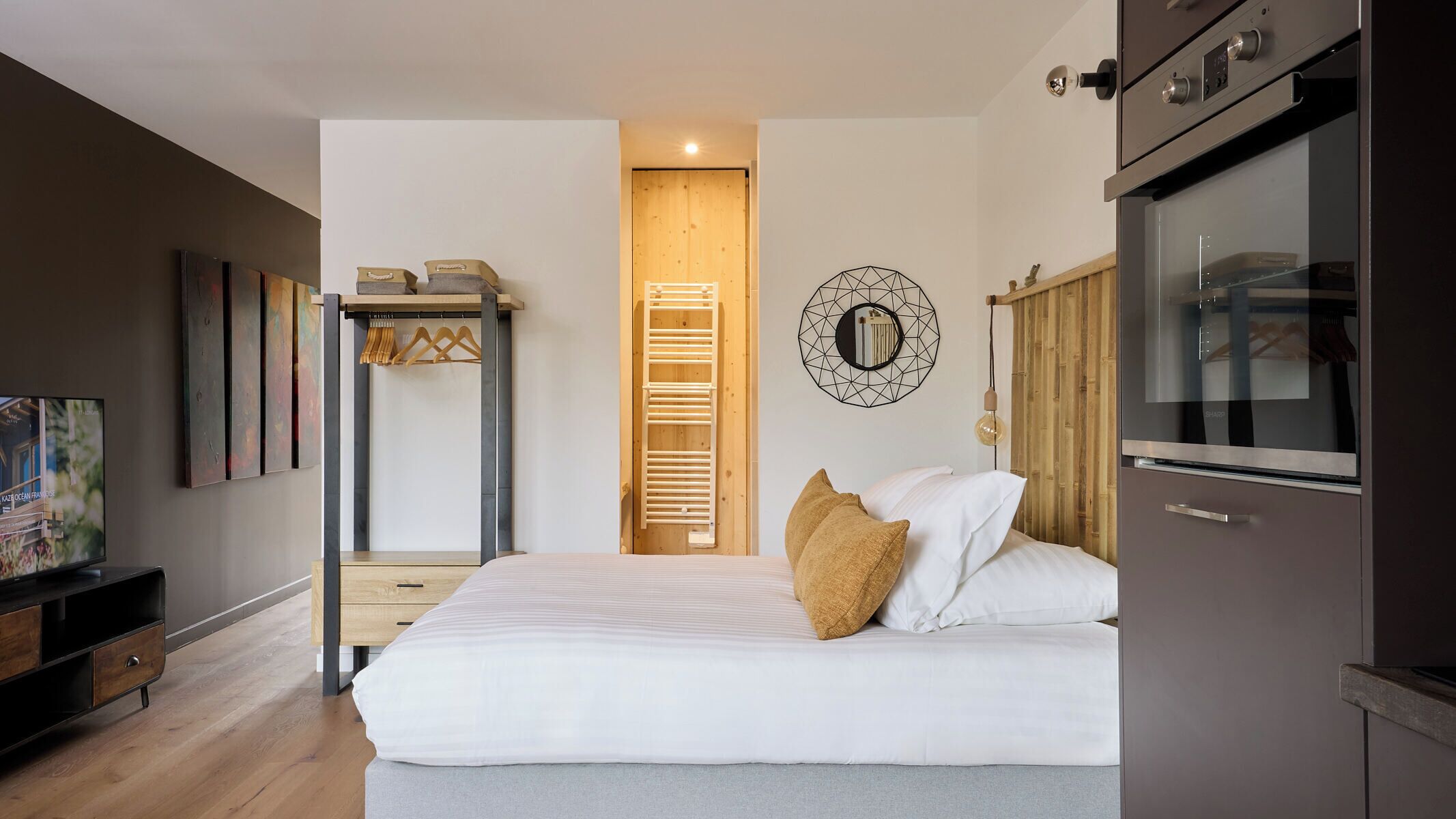A bedroom with a bed, a TV, a wardrobe, and a wooden ladder.