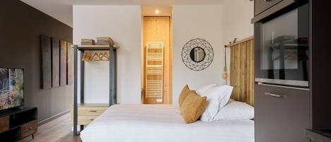 A bedroom with a bed, a TV, a wardrobe, and a wooden ladder.