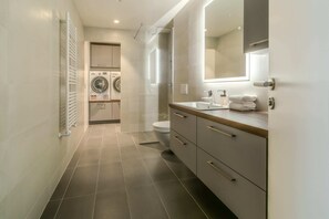 Shower, hair dryer, towels