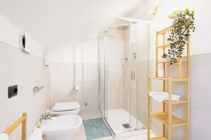 Een douche, een haardroger, een bidet, handdoeken
