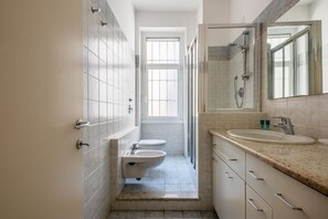 Shower, hair dryer, bidet, towels