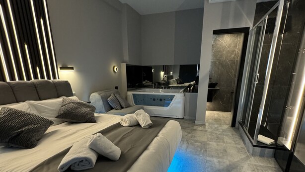A modern bedroom with a large bed, a built-in bathtub, and a walk-in shower.