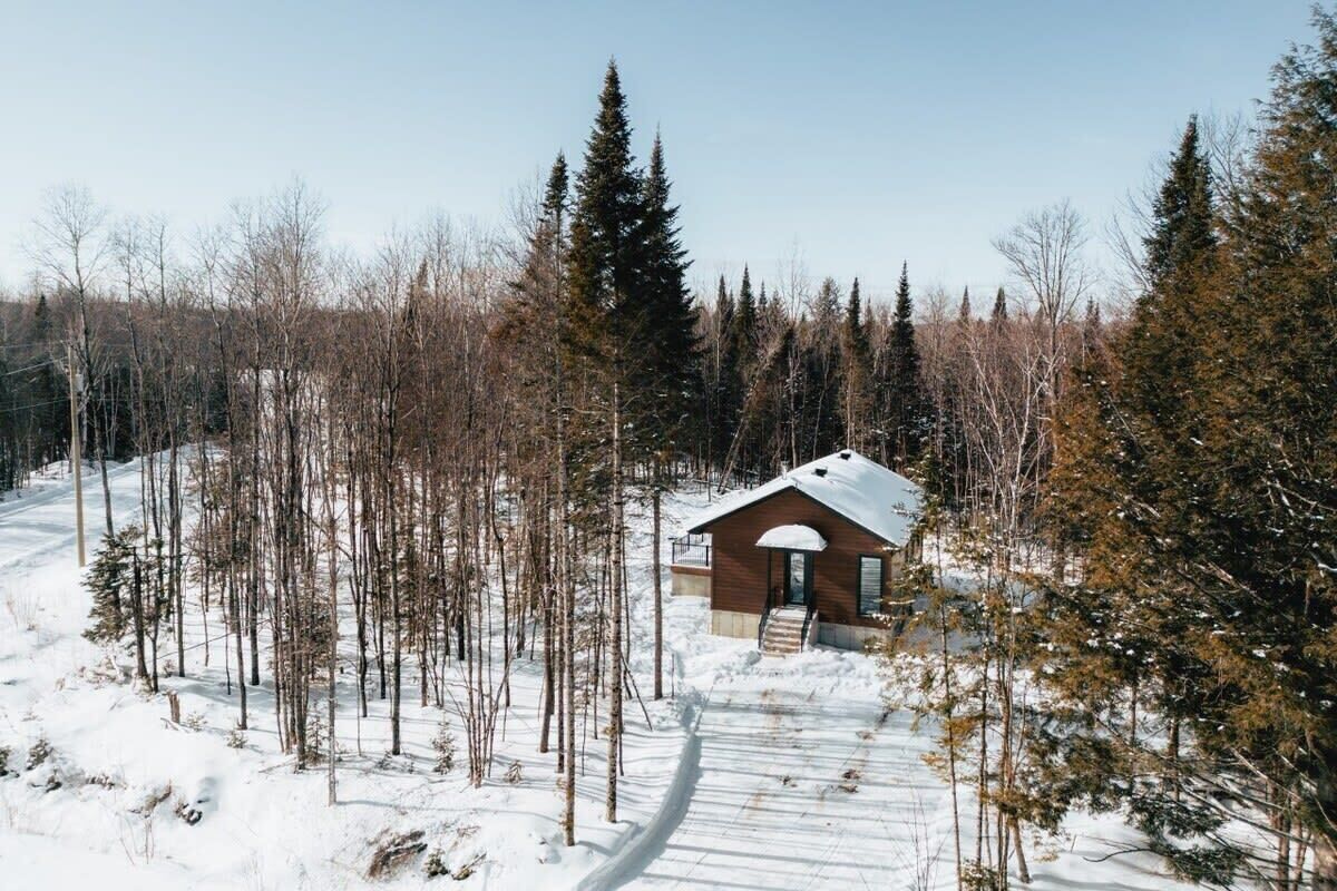 Mökki lumisen metsän keskellä, kirkkaan taivaan alla.