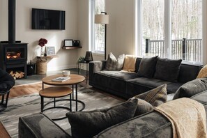 Téléviseur, foyer, livres, bureau