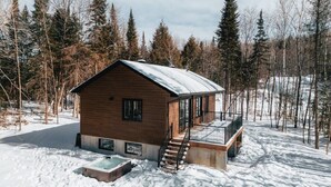 A wooden cabin with a metal balcony, surrounded by snow and trees. - Peaceful Chalet Tremblant, hot tub lakes & Kayaks (Amherst)