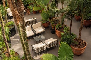 Un patio al aire libre con mobiliario, plantas en macetas y suelo de baldosas.
