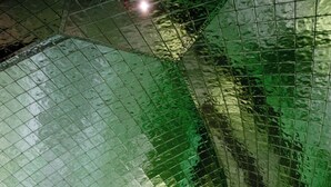 Una persona en traje de baño negro en una piscina de color verdoso, rodeada por una cerca de malla.