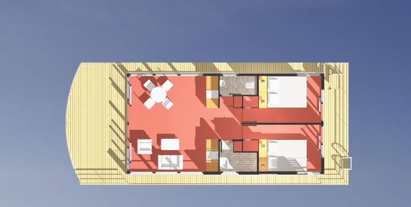 En 3D-arkitektonisk model af et hotelværelse med rød løber, en seng, et skrivebord, en stol og et lille bord.