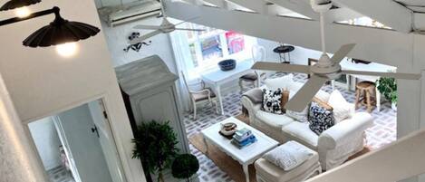 Smart TV, chimenea, libros