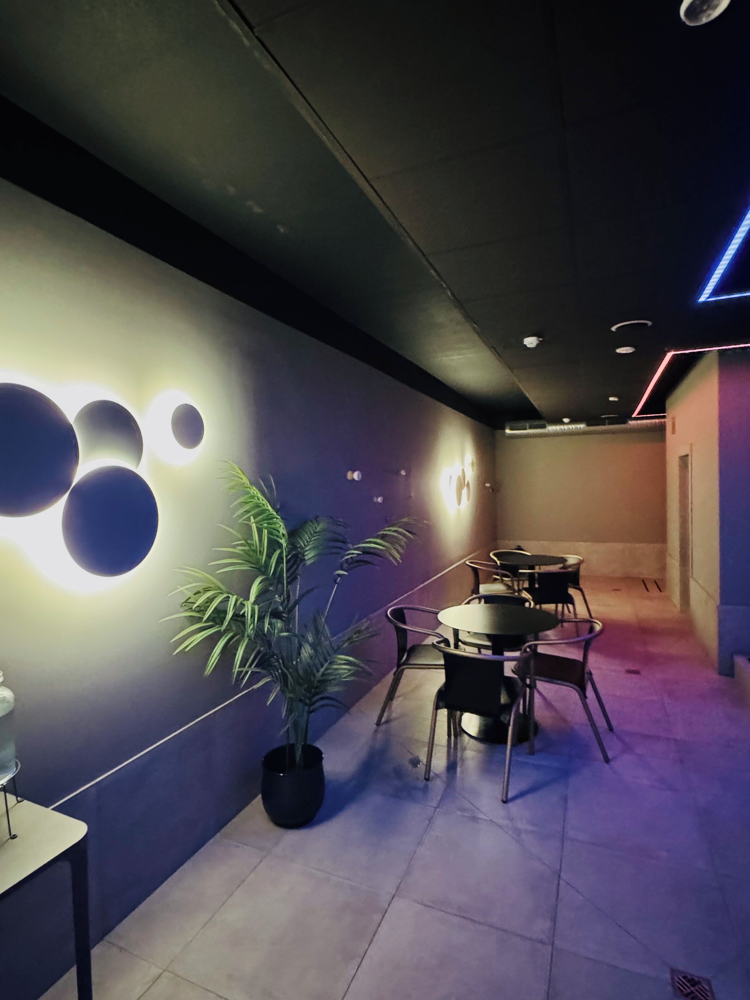 A modern interior with a dining area featuring round tables and chairs, a potted plant, and wall-mounted lighting.