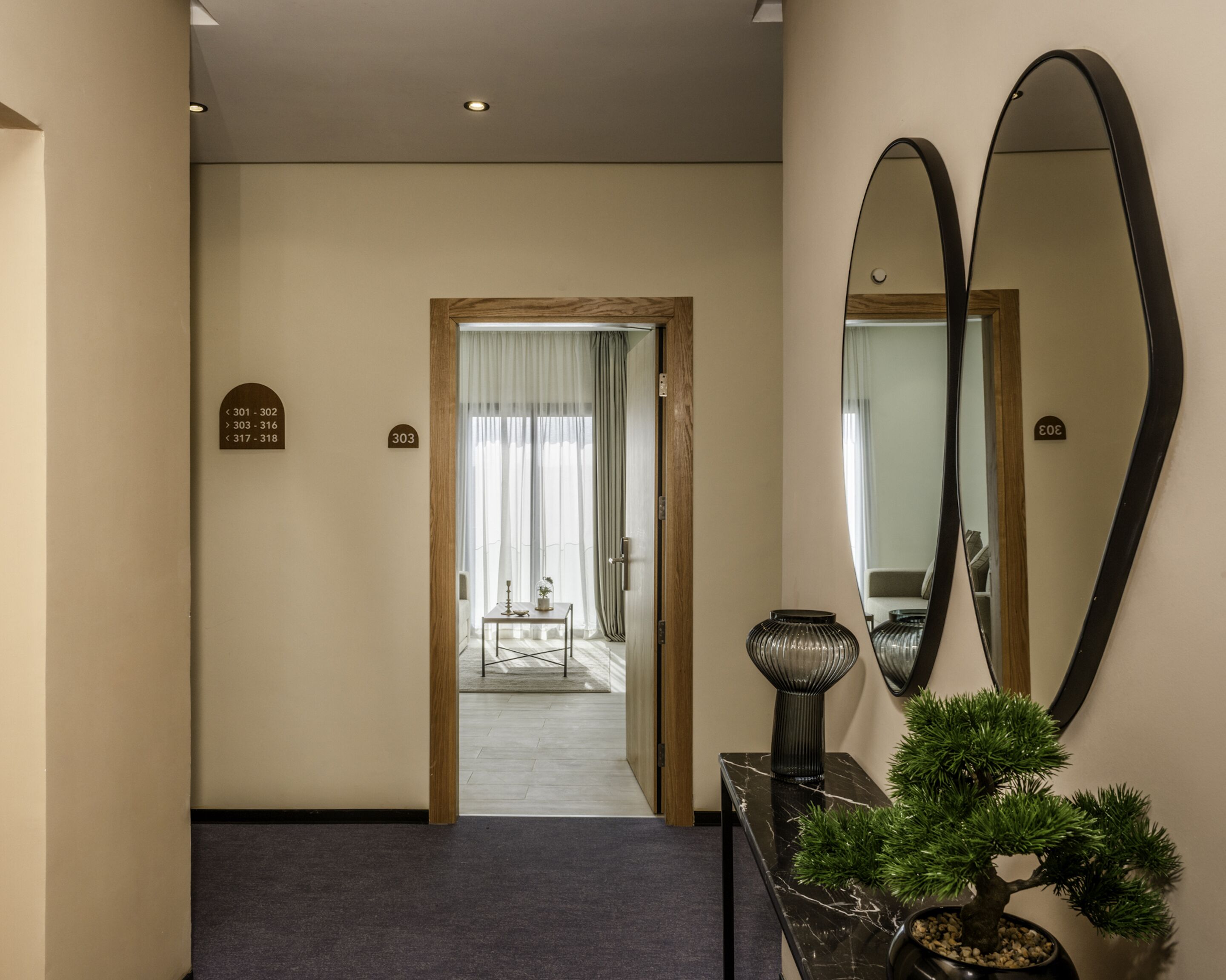 Un pasillo con una puerta de madera que da a una habitación, una consola negra con una planta en maceta y dos espejos grandes en la pared.
