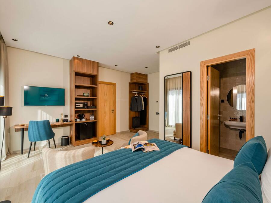 A hotel room with a bed, a desk, a chair, a TV, a wardrobe, and a bathroom.