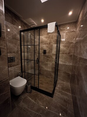 A modern bathroom with a glass-enclosed shower, a toilet, and marble walls.