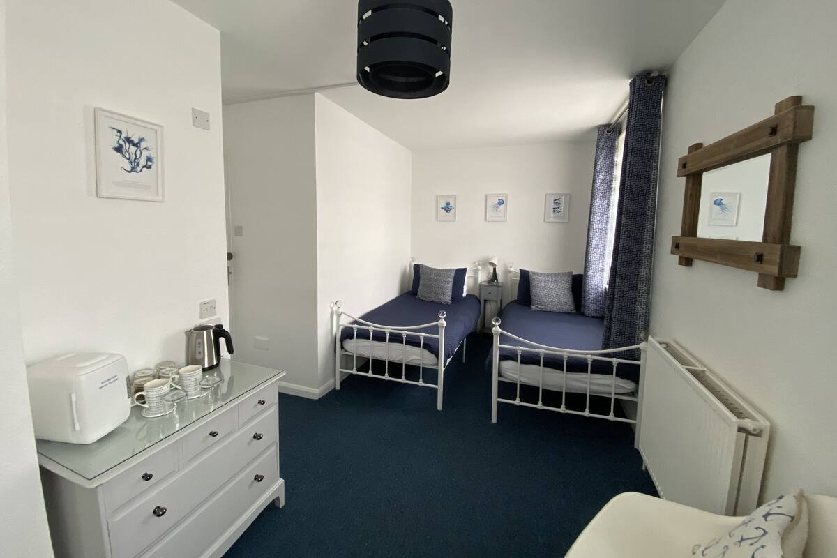 A bedroom with two single beds, a dresser, a radiator, and a ceiling light fixture.