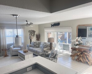 Smart TV, fireplace, foosball, books